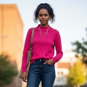 • Calvin Klein Womens Mock Neck Pullover Sweater Shimmer Button Detail S…